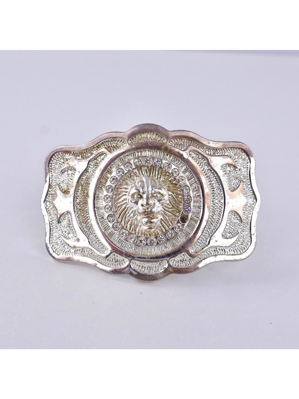 Vintage Silver Lion Head Belt Buckle Rhinestone Western Filigree‎ Trophy Ring